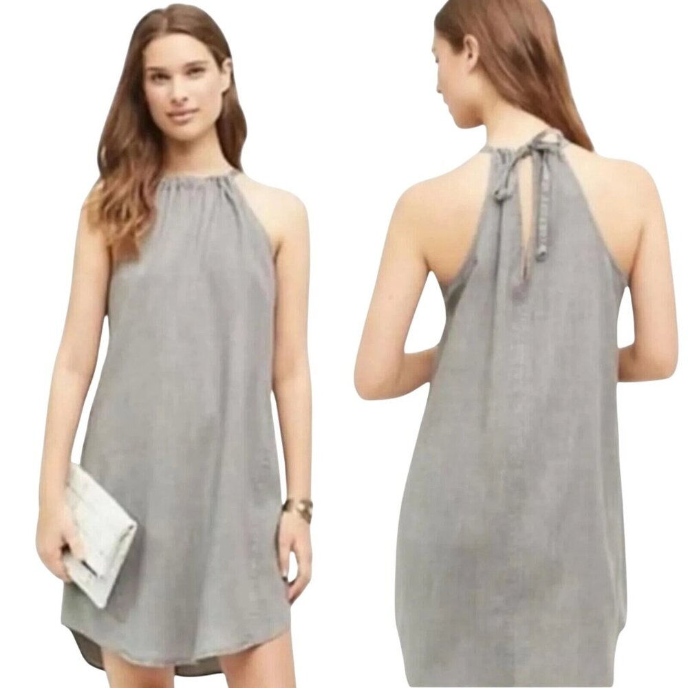 Cloth and Stone Mini Shift Dress Size Small Sleeveless Tie Back Frayed Hem Gray